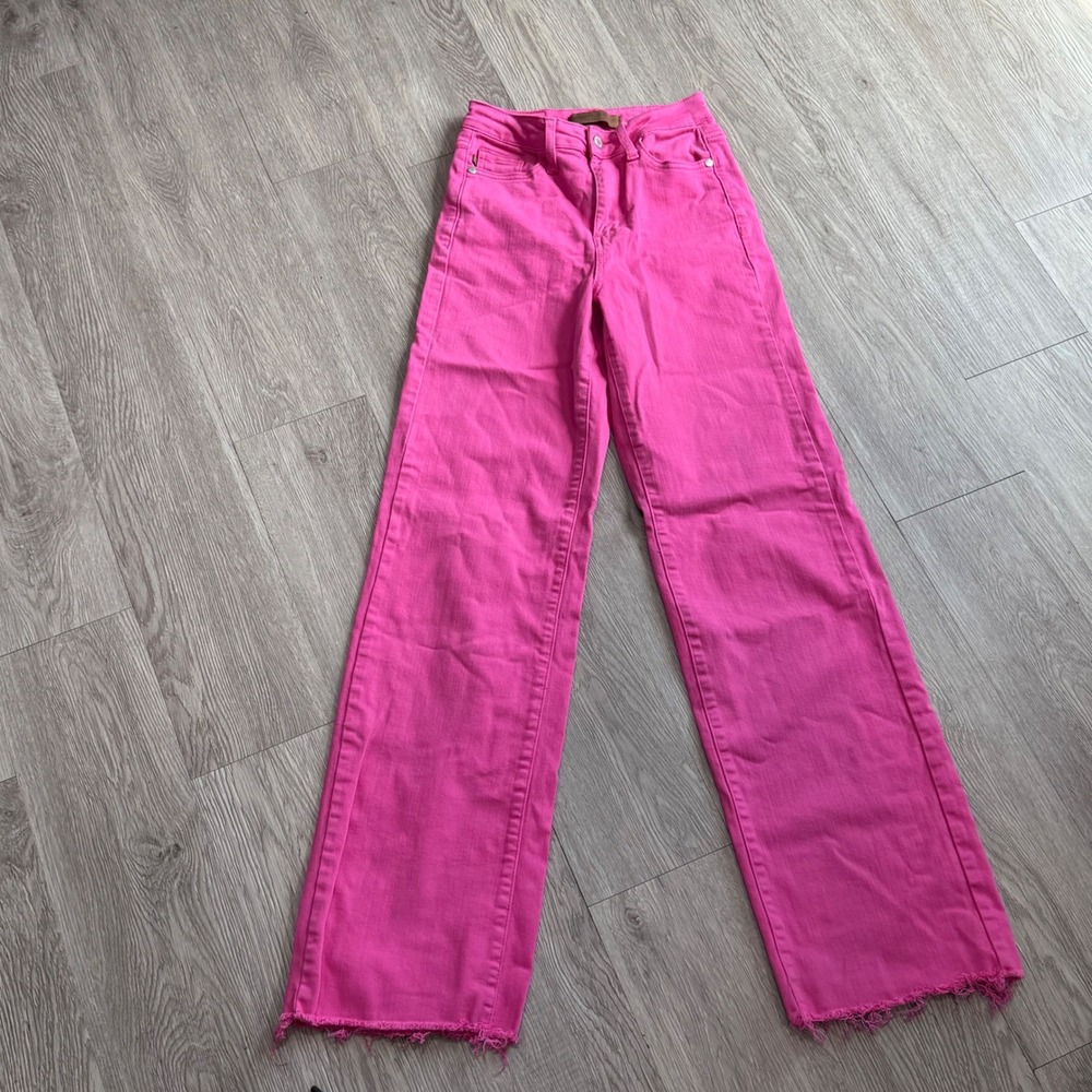 Judy Blue Hot Pink High Waisted Wide Leg Raw Hem Jeans JB88816 C Womens 0/24